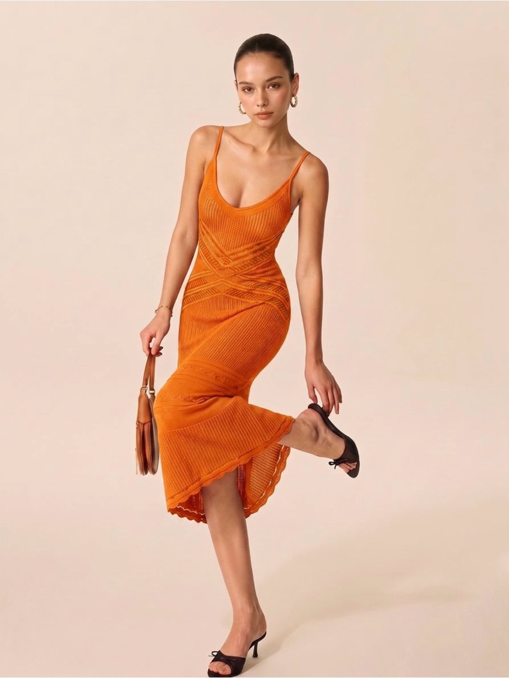 Orange crisscross Hollow Knit Slip Maxi Dress